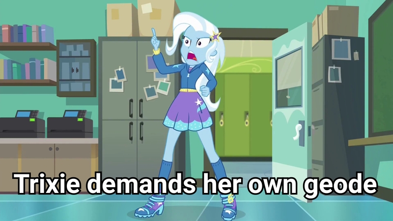 Size: 3643x2048 | Tagged: safe, derpibooru import, edit, edited screencap, screencap, trixie, equestria girls, equestria girls series, forgotten friendship, boots, canterlot high, clothes, exploitable meme, female, high heel boots, high heels, hoodie, image macro, magical geodes, meme, shoes, skirt, socks, solo, trixie yells at everything, trixie's eqg demands