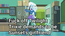 Size: 3643x2048 | Tagged: safe, derpibooru import, edit, edited screencap, screencap, trixie, equestria girls, equestria girls series, forgotten friendship, boots, canterlot high, clothes, exploitable meme, female, high heel boots, high heels, hoodie, image macro, implied lesbian, implied shipping, implied sunsetsparkle, implied suntrix, meme, shipping war, shoes, skirt, socks, solo, trixie yells at everything, trixie's eqg demands, vulgar