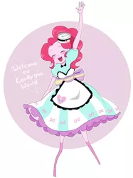 Size: 1772x2363 | Tagged: safe, artist:gyunyu, derpibooru import, pinkie pie, coinky-dink world, eqg summertime shorts, equestria girls, bow, clothes, cute, diapinkes, eyes closed, female, hat, moe, server pinkie pie, skirt, solo, waving