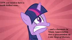 Size: 993x557 | Tagged: derpibooru import, edit, edited screencap, fearful, lesson zero, little shop of horrors, safe, screencap, text, tfw, twilight sparkle