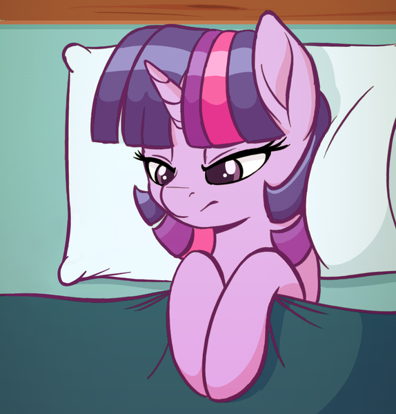 Size: 811x848 | Tagged: safe, artist:spectre-z, derpibooru import, edit, editor:dsp2003, twilight sparkle, pony, unicorn, angry, bed, blanket, colored pupils, exploitable, female, mare, pillow, solo, textless, twilight is not amused, unamused, unicorn twilight