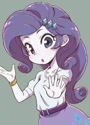 Size: 1512x2098 | Tagged: safe, artist:nazonazopowerfu, derpibooru import, rarity, equestria girls, belt, bracelet, clothes, cute, female, green background, hairpin, jewelry, looking at you, raribetes, shirt, simple background, skirt, solo