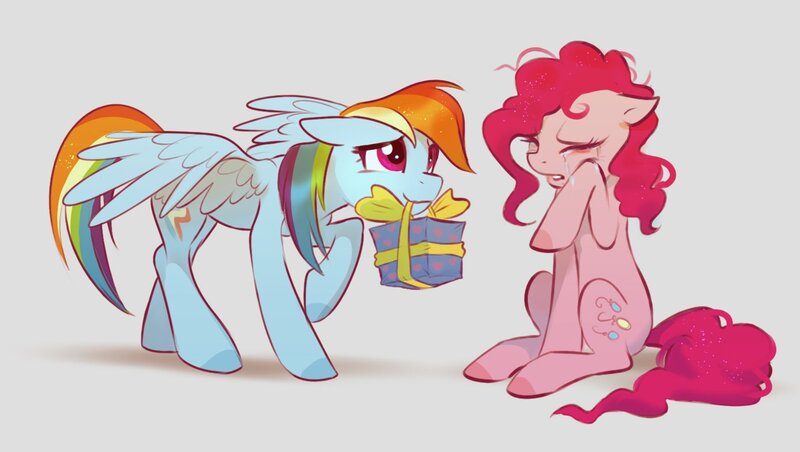 Size: 1389x785 | Tagged: safe, artist:imalou, derpibooru import, pinkie pie, rainbow dash, earth pony, pegasus, pony, /mlp/, comforting, crying, cute, dashabetes, diapinkes, drawthread, duo, eyes closed, female, floppy ears, gift giving, gray background, mare, mouth hold, present, raised hoof, simple background, sitting, spread wings, teary eyes, wings