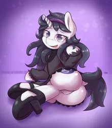 Size: 1800x2048 | Tagged: suggestive, artist:tikrs007, derpibooru import, oc, oc:spectra, unofficial characters only, pony, unicorn, clothes, commission, cosplay, costume, crossover, dock, dress, featureless crotch, female, hex maniac, high heels, looking at you, looking back, looking back at you, mare, open mouth, plot, pokémon, shoes, side, solo, solo female