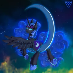 Size: 1200x1200 | Tagged: suggestive, artist:margony, derpibooru import, nightmare moon, alicorn, pony, crescent moon, featureless crotch, female, helmet, lidded eyes, looking at you, looking back, looking back at you, mare, moon, night, plot, smiling, solo, solo female, stars, tangible heavenly object, transparent moon