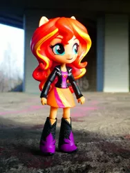 Size: 1024x1365 | Tagged: safe, artist:artofmagicpoland, derpibooru import, sunset shimmer, equestria girls, boots, clothes, doll, equestria girls minis, irl, jacket, photo, ponied up, shoes, skirt, toy