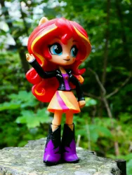 Size: 3672x4896 | Tagged: safe, artist:artofmagicpoland, derpibooru import, sunset shimmer, equestria girls, boots, clothes, doll, equestria girls minis, forest, irl, jacket, photo, shoes, skirt, toy