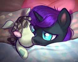 Size: 1327x1060 | Tagged: safe, artist:imalou, derpibooru import, smarty pants, oc, oc:nyx, alicorn, pony, bed, blanket, bust, cute, drawthread, female, filly, pillow, plushie, slit eyes, solo