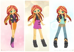 Size: 1407x1000 | Tagged: safe, artist:howxu, derpibooru import, sunset shimmer, equestria girls, boots, clothes, crossed arms, cute, geode of empathy, happy, high heel boots, howxu is trying to murder us, jacket, leather jacket, looking at you, moe, pants, shimmerbetes, shoes, skirt, smiling
