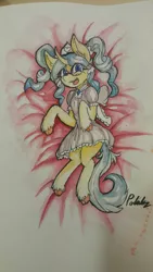 Size: 2121x3771 | Tagged: safe, artist:polakz, derpibooru import, oc, oc:coconut daiquiri, unicorn, bow, clothes, colored, dress, signature, solo, traditional art