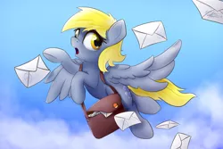 Size: 1200x800 | Tagged: safe, artist:klemm, derpibooru import, derpy hooves, pegasus, pony, cloud, female, flying, letter, mail, mailbag, mailmare, mare, satchel, sky, solo, wings