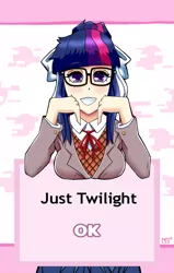 Size: 700x1099 | Tagged: artist:sonikku001, clothes, crossover, derpibooru import, doki doki literature club, female, glasses, human, humanized, just monika, long hair, looking at you, monika, safe, sci-twi, smiling, solo, spoiler:doki doki literature club, spoilers for another series, twilight monika, twilight sparkle