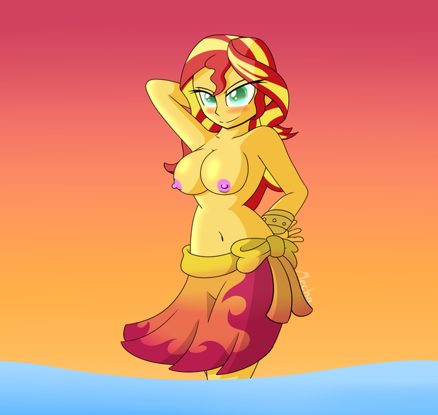 Size: 1080x1024 | Tagged: questionable, alternate version, artist:mecha-after-dark, derpibooru import, sunset shimmer, equestria girls, equestria girls series, beach, belly button, bikini, blushing, breasts, busty sunset shimmer, clothes, female, looking at you, nipples, nudity, partial nudity, solo, solo female, sunset, swimsuit, topless