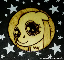 Size: 1717x1629 | Tagged: artist:aracage, bust, coaster, derpibooru import, etsy, female, fluttershy, irl, photo, portrait, pyrography, safe, solo, traditional art, woodwork