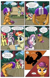 Size: 2030x3130 | Tagged: safe, artist:sirzi, derpibooru import, apple bloom, scootaloo, sweetie belle, oc, earth pony, pegasus, pony, unicorn, comic:talisman for a pony, bench, comic, cutie mark crusaders, glue, helmet, messy mane, rainbow wig, silhouette, soda, stuck, talisman