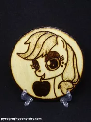 Size: 570x760 | Tagged: apple, applejack, artist:aracage, bust, derpibooru import, etsy, female, food, mouth hold, portrait, pyrography, safe, solo, traditional art, woodwork