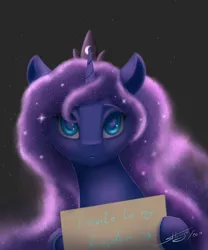 Size: 2500x3000 | Tagged: safe, artist:skitsniga, derpibooru import, princess luna, alicorn, pony, blushing, female, holding sign, horn, jewelry, looking at you, mare, simple background, sky, solo, stars, tiara