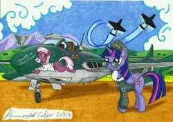 Size: 6987x4943 | Tagged: absurd resolution, aircraft, alicorn, ancient wonderbolts uniform, cheerilee, cheerilight, clothes, derpibooru import, female, jacket, jet, jet fighter, lesbian, mountain, mountain range, safe, scenery, shipping, sunglasses, traditional art, twilight sparkle, twilight sparkle (alicorn), venom