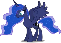 Size: 5000x3528 | Tagged: safe, artist:dashiesparkle, derpibooru import, edit, editor:slayerbvc, vector edit, princess luna, alicorn, pony, .svg available, accessory-less edit, barehoof, female, looking down, mare, missing accessory, simple background, solo, spread wings, transparent background, vector, wings