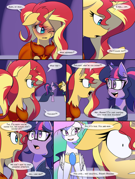 Size: 1080x1435 | Tagged: safe, artist:jase1505, deleted from derpibooru, derpibooru import, princess celestia, sci-twi, sunset shimmer, twilight sparkle, unicorn, comic:night at the gala, series:sunlight horizons, comic, female, implied sunset satan, lesbian, scitwishimmer, shipping, sunsetsparkle, unicorn sci-twi