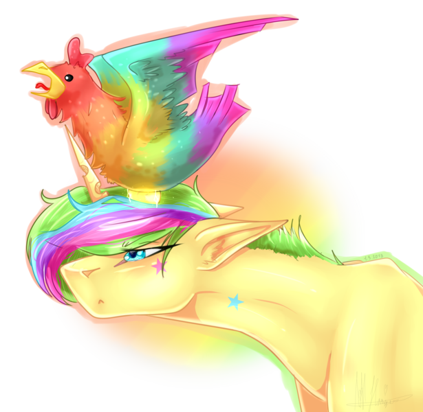 Size: 3185x3105 | Tagged: safe, artist:lastaimin, derpibooru import, oc, oc:twin star, chicken, pony, unicorn, high res, male, simple background, solo, stallion, transparent background