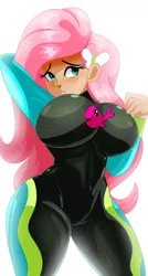 Size: 1796x3360 | Tagged: source needed, useless source url, suggestive, artist:sonson-sensei, derpibooru import, fluttershy, human, equestria girls, equestria girls series, forgotten friendship, adorasexy, big breasts, blushing, breasts, busty fluttershy, clothes, curvy, cute, female, hourglass figure, humanized, looking at you, low angle, sexy, simple background, skintight clothes, solo, solo female, swimsuit, thunder thighs, wetsuit, white background, wide hips