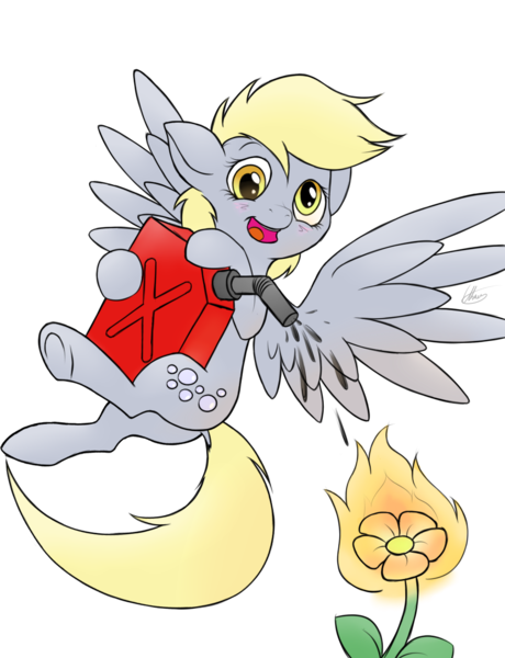 Size: 952x1241 | Tagged: artist:ethaes, derpibooru import, derpy hooves, fire, flower, gasoline, jerry can, pure unfiltered evil, safe, simple background, solo, transparent background