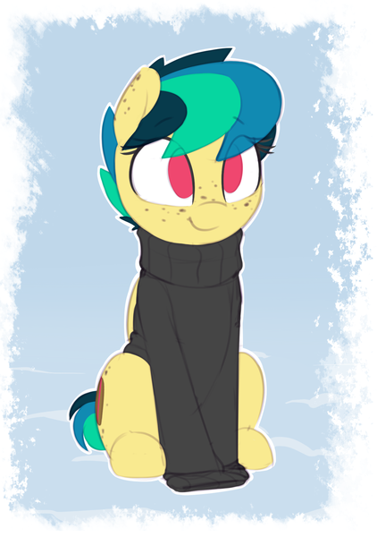 Size: 1347x1914 | Tagged: safe, artist:shinodage, derpibooru import, oc, oc:apogee, unofficial characters only, pegasus, pony, abstract background, clothes, cute, diageetes, eye clipping through hair, female, filly, freckles, long sleeves, no pupils, ocbetes, shinodage is trying to murder us, sitting, smiling, solo, sweater, turtleneck