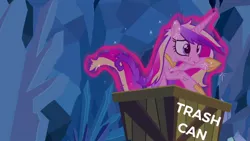 Size: 1280x720 | Tagged: abuse, a canterlot wedding, background pony strikes again, caddybuse, derpibooru import, edit, edited screencap, implied twilight sparkle, into the trash it goes, magic, magic aura, offscreen character, princess cadance, safe, screencap, solo, this day aria, trash can