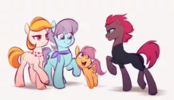 Size: 1796x1034 | Tagged: safe, artist:imalou, derpibooru import, aunt holiday, auntie lofty, scootaloo, tempest shadow, earth pony, pegasus, pony, unicorn, my little pony: the movie, :t, artist interpretation, broken horn, clothes, couple, cute, cutealoo, drawthread, excited, eye contact, female, filly, grin, happy, jewelry, lesbian, lgbt, lidded eyes, lofty day, looking at each other, looking up, mare, neckerchief, necklace, no armor, plot, pronking, raised hoof, raised leg, scarf, shipping, simple background, smiling, underhoof, walking, white background