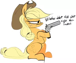 Size: 1256x1044 | Tagged: safe, artist:hattsy, derpibooru import, applejack, earth pony, pony, delet this, dialogue, female, gun, handgun, hoof hold, mare, revolver, simple background, sitting, solo, vulgar, weapon, white background