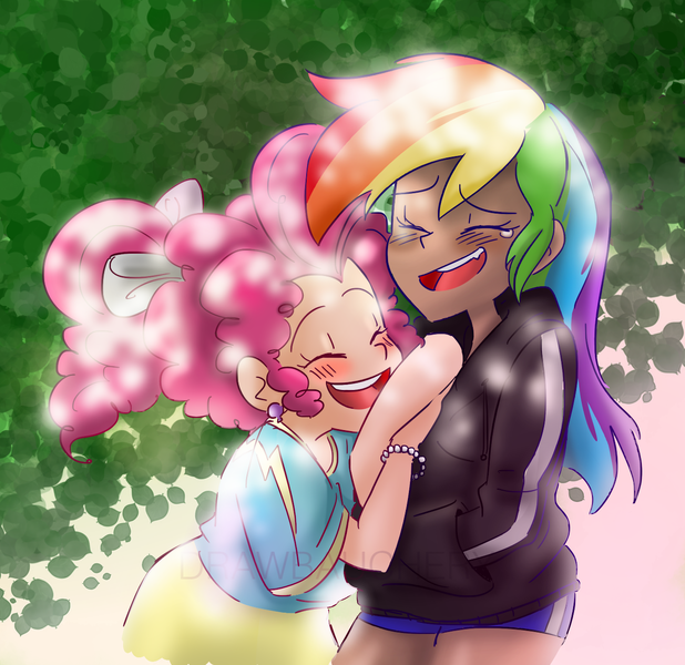 Size: 1280x1243 | Tagged: safe, artist:drawbauchery, artist:owlyshit, derpibooru import, pinkie pie, rainbow dash, human, blushing, bracelet, clothes, crying, eyes closed, female, hoodie, humanized, jewelry, laughing, lesbian, open mouth, pinkiedash, shipping, shorts, skirt, tears of joy