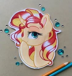 Size: 2917x3100 | Tagged: safe, artist:emberslament, derpibooru import, sunset shimmer, pony, unicorn, equestria girls, equestria girls series, forgotten friendship, blushing, boop, colored pencil drawing, colored pencils, craft, curved horn, cute, cutout, female, mare, noseboop, scene interpretation, self-boop, shimmerbetes, simple background, solo, traditional art