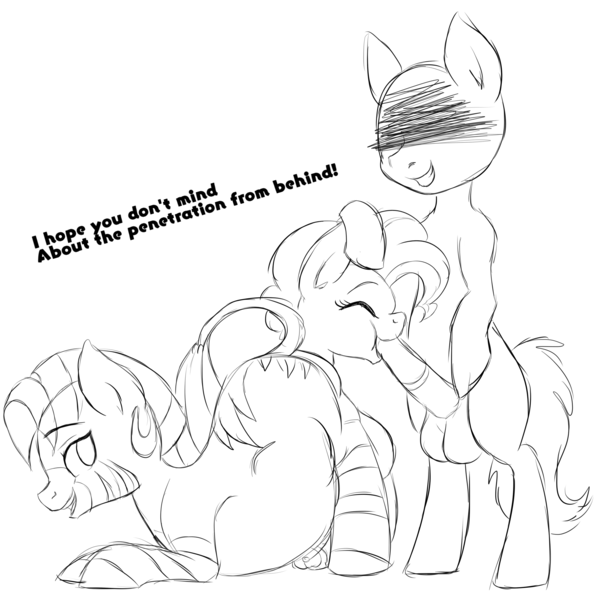 Size: 2374x2346 | Tagged: explicit, artist:zevora, derpibooru import, pinkie pie, zecora, pony, zebra, anal vore, balls, bipedal, blowjob, dialogue, faceless male, female, fetish, futa, futa zecora, intersex, male, nudity, offscreen character, oral, penis, pinkie prey, sex, straight, vore, zecorapie