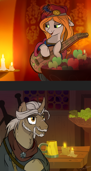 Size: 1280x2382 | Tagged: safe, artist:rutkotka, derpibooru import, ponified, pony, candle, crossover, geralt of rivia, musical instrument, priscilla, the witcher, the witcher 3