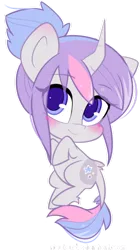 Size: 400x714 | Tagged: safe, artist:riouku, derpibooru import, oc, oc:aster hikari, unofficial characters only, pony, unicorn, blushing, chibi, female, gray coat, mare, purple eyes, purple mane, simple background, smiling, solo, transparent background