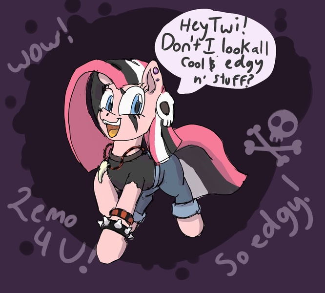 Size: 1265x1139 | Tagged: safe, artist:jimmyjamno1, derpibooru import, pinkie pie, earth pony, pony, alternate hairstyle, cute, dialogue, ear piercing, edgy, emo, female, funny, implied twilight sparkle, jewelry, mare, necklace, open mouth, piercing, pinkamena diane pie, punkamena, punkie pie, skull, smiling, spiked wristband, wow, wristband