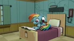 Size: 1920x1080 | Tagged: safe, artist:dracagon, derpibooru import, rainbow dash, pony, 3d, bed, book, female, hospital bed, lamp, mare, phone, pillow, prone, reading, reading rainboom, solo