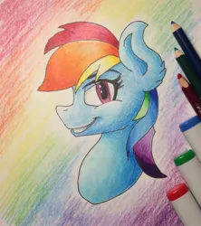 Size: 1135x1280 | Tagged: safe, artist:whiten74, derpibooru import, rainbow dash, pegasus, pony, bust, colored pencil drawing, female, mare, pencil, portrait, rainbow background, simple background, smiling, solo, traditional art