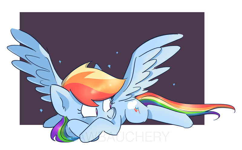 Size: 1192x741 | Tagged: safe, artist:drawbauchery, derpibooru import, rainbow dash, pegasus, pony, abstract background, cute, dashabetes, female, looking away, looking sideways, mare, prone, simple background, smiling, solo, sparkles, spread wings, wings