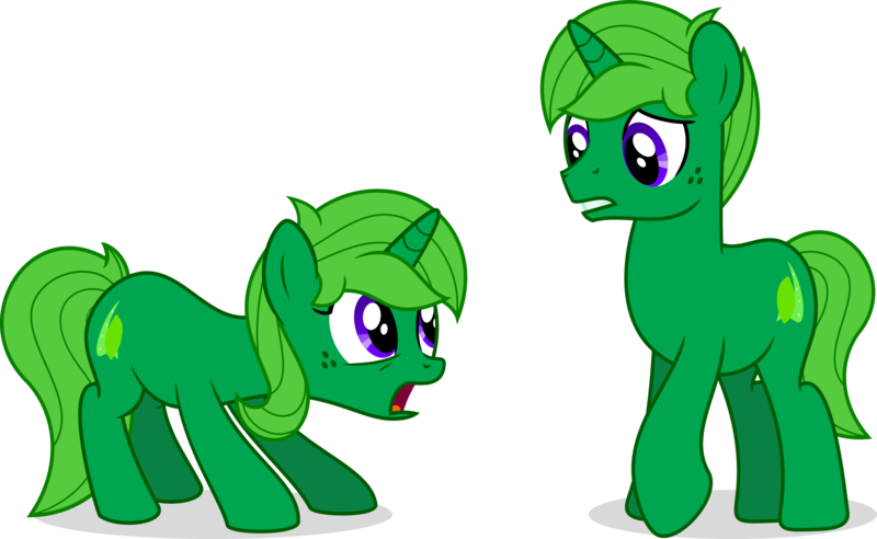 Size: 2546x1567 | Tagged: safe, artist:limedreaming, derpibooru import, oc, oc:lime dream, unofficial characters only, unicorn, duality, female, first meeting, freckles, green fur, male, mare, oh my gosh, purple eyes, rule 63, self ponidox, shocked, simple background, stallion, transparent background, vector