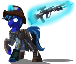 Size: 5348x4500 | Tagged: safe, artist:chub-wub, derpibooru import, oc, oc:night sky, unofficial characters only, pony, unicorn, fallout equestria, absurd resolution, glowing horn, gun, levitation, magic, pipboy, simple background, solo, tavor, telekinesis, transparent background, weapon