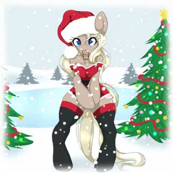 Size: 1280x1280 | Tagged: anthro, arm hooves, artist:slugbox, base used, bipedal, boots, breasts, christmas, christmas tree, clothes, costume, derpibooru import, female, hat, holiday, looking at you, mare, oc, oc:abigail sugar, santa costume, santa hat, sexy, sexy santa costume, shoes, snow, snowfall, solo, solo female, suggestive, thigh boots, tree, unguligrade anthro, unofficial characters only