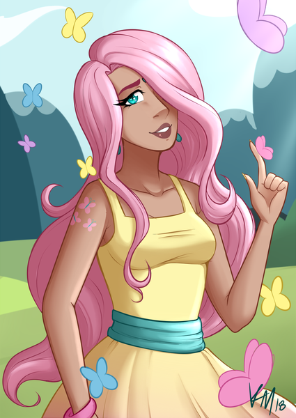 Size: 900x1272 | Tagged: alternative cutie mark placement, artist:emberfan11, butterfly, clothes, dark skin, derpibooru import, dress, ear piercing, earring, female, fluttershy, hair over one eye, human, humanized, jewelry, looking at you, piercing, safe, smiling, solo