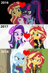 Size: 1703x2560 | Tagged: safe, derpibooru import, edit, edited screencap, screencap, sci-twi, starlight glimmer, sunset shimmer, trixie, twilight sparkle, equestria girls, equestria girls series, forgotten friendship, legend of everfree, mirror magic, spoiler:eqg specials, beanie, counterparts, female, glasses, hat, lesbian, scitwishimmer, shimmerglimmer, shipping, sunset shimmer gets all the mares, sunsetsparkle, suntrix, twilight's counterparts