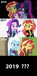 Size: 1696x3488 | Tagged: safe, derpibooru import, edit, edited screencap, screencap, sci-twi, starlight glimmer, sunset shimmer, trixie, twilight sparkle, equestria girls, equestria girls series, forgotten friendship, legend of everfree, mirror magic, spoiler:eqg specials, 2019, beanie, counterparts, female, glasses, hat, lesbian, scitwishimmer, shimmerglimmer, shipping, sunset shimmer gets all the mares, sunsetsparkle, suntrix, twilight's counterparts