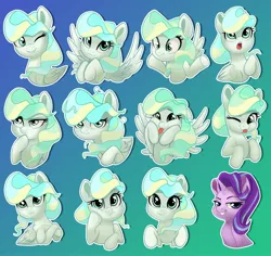 Size: 2287x2160 | Tagged: safe, artist:taneysha, derpibooru import, starlight glimmer, vapor trail, pegasus, pony, unicorn, crossed hooves, cute, expressions, female, lidded eyes, looking at you, mare, one eye closed, one of these things is not like the others, open mouth, silly, silly pony, smiling, smug, smuglight glimmer, spread wings, squishy cheeks, sticker, tongue out, vaporbetes, wings
