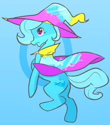 Size: 1852x2117 | Tagged: safe, artist:amberpendant, derpibooru import, trixie, pony, unicorn, blue background, cape, clothes, female, gradient background, hat, mare, solo, wizard hat