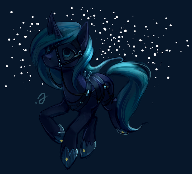 Size: 884x800 | Tagged: safe, artist:erinliona, derpibooru import, oc, oc:moonlight silk, unofficial characters only, pony, unicorn, bit, bridle, dark background, female, mare, simple background, solo, tack, trotting