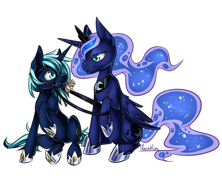 Size: 1024x853 | Tagged: safe, artist:moenkin, derpibooru import, princess luna, oc, oc:moonlight silk, alicorn, pony, unicorn, bit, bridle, canon x oc, female, flower, lesbian, mare, reins, simple background, tack, transparent background